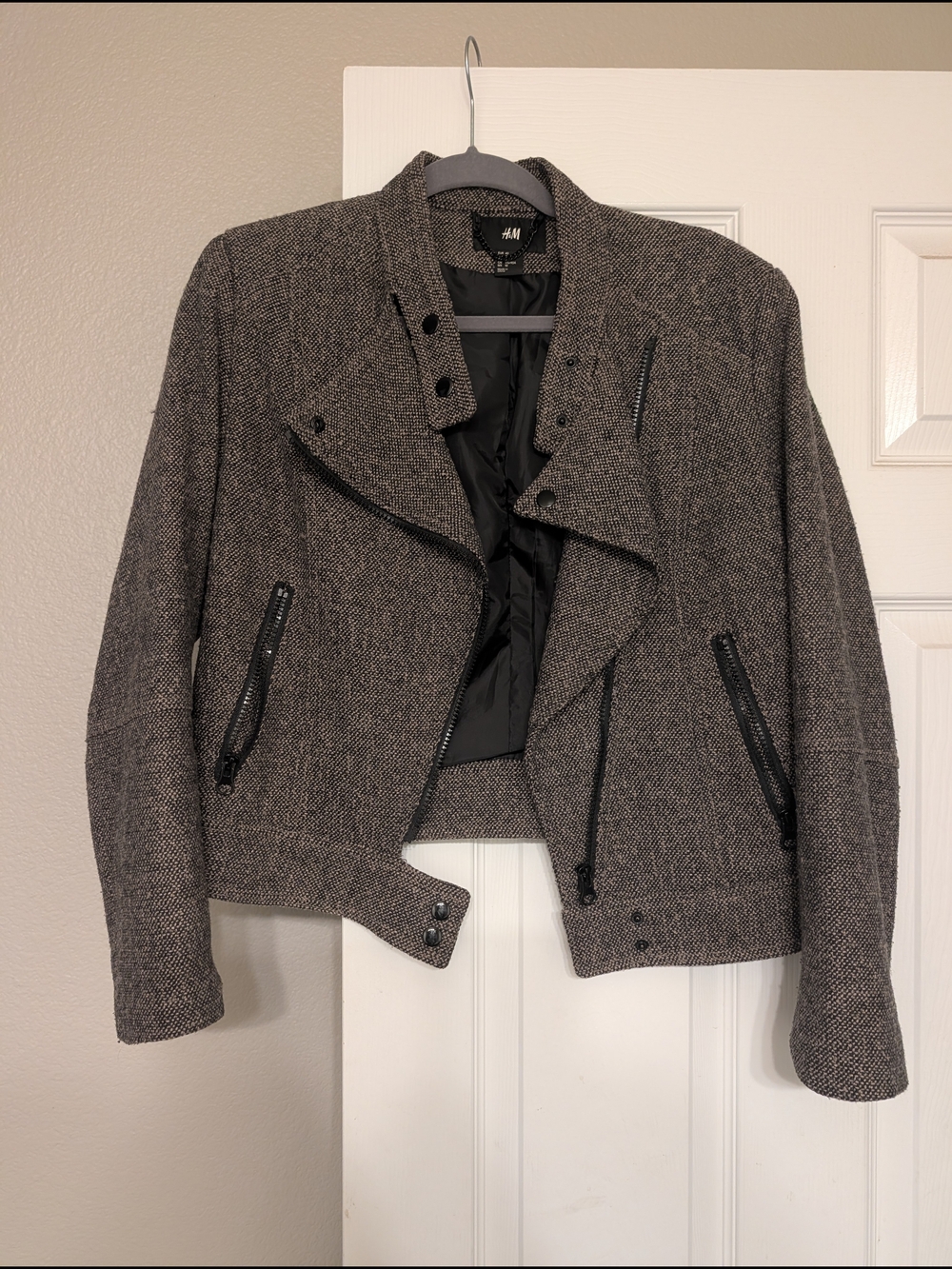 H&M Brown Tweed Wool Blend Moto Biker Jacket Tan Beige Asymmetric Zip Size 10